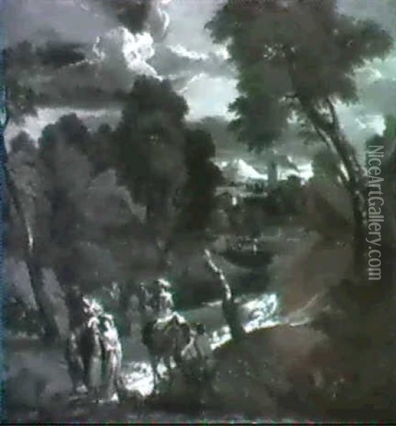 Figures On A Path In Mountainous River Landscape Oil Painting - Jan Baptiste van der Meieren
