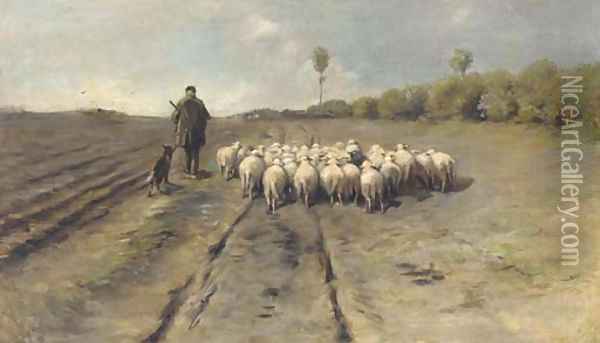 A shepherd leading his flock home Oil Painting - Anton Mauve