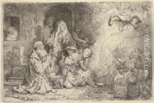 The Angel Departing From The Family Of Tobias Oil Painting - Rembrandt Van Rijn