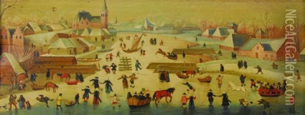 Primitive Winter Canal Scene Oil Painting - Johannes Jacobus Berkman