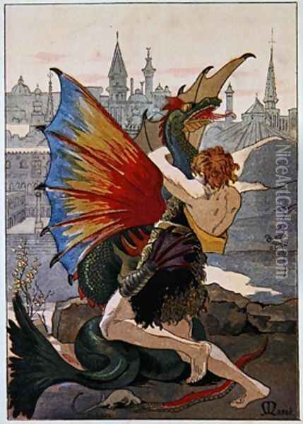 Jean LOurs in combat with a Dragon 1900 Oil Painting - Masse