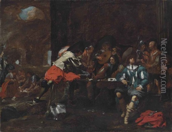 Soldiers And Elegant Figures Playing Cards And Making Music In A Ruined Classical Building Oil Painting - Michelangelo Cerquozzi