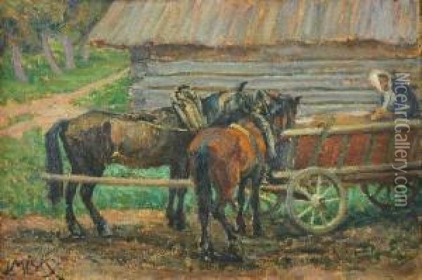 Konie Przy Wozie Oil Painting - Ludwik Misky