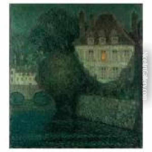 La Maison Du Docteur Au Clair De Lune Oil Painting - Henri Eugene Augustin Le Sidaner