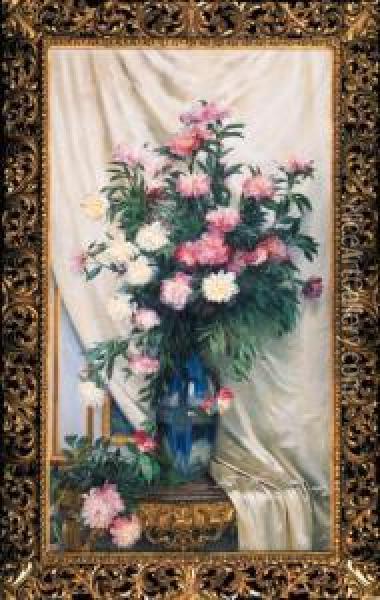 Peonies In A Blue Vase On A Draped Regency Giltwood Consoletable Oil Painting - Albert Aublet