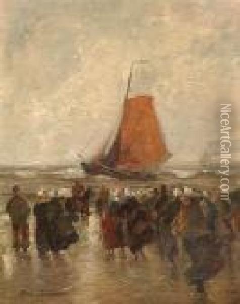 Fisherwomen At Thebeach Awaiting The Sailing-boats Return Oil Painting - German Grobe
