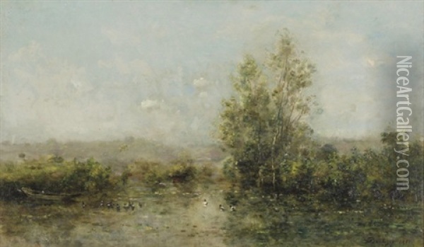 The River Scenery With Wild Birds Oil Painting - Charles Francois Daubigny