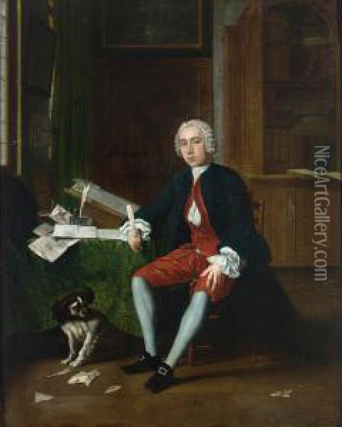 A Full-length Portrait Of A Gentleman With His Dog In An Elegant Interior Oil Painting - Jan Jozef, the Younger Horemans
