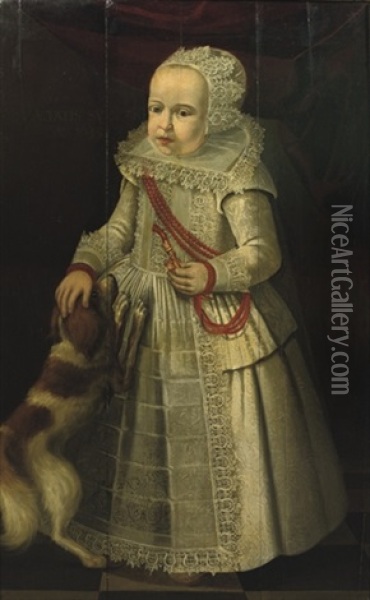 Portrait Of A Girl, In A White Embroidered Dress With Lace Collar And Headdress, Wearing A Coral Necklace, A Dog By Her Side Oil Painting - Dirck Dircksz van Santvoort