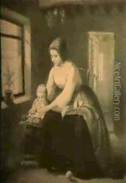 Stickande Kvinna Samt Liten Flicka Oil Painting - Theodore Ceriez