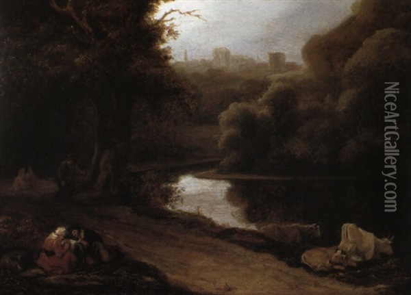 Wooded Landscape With Travellers Resting By A Path Oil Painting - Ferdinand Bol