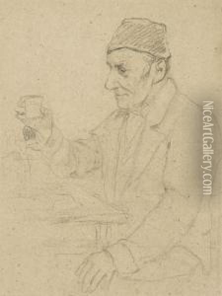 Alter Mann Am Tisch Mit Einem Glas In Der Hand Oil Painting - Albert Anker