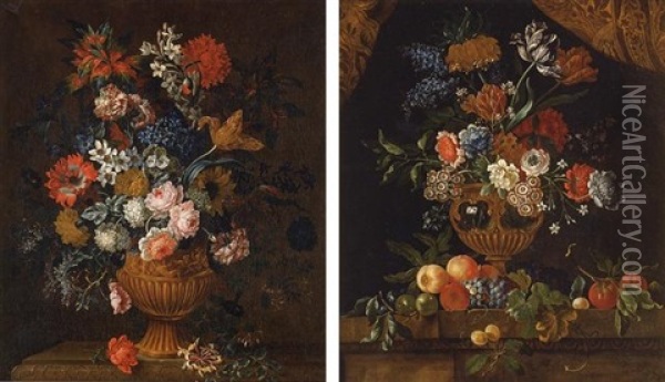 Still Life Of Various Flowers In An Ornate Vase Resting On A Ledge Oil Painting - Pieter Casteels III