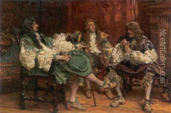 Genreszene. Drei Musketiere Im Gesprach Bei Tisch Oil Painting - Edgar Bundy