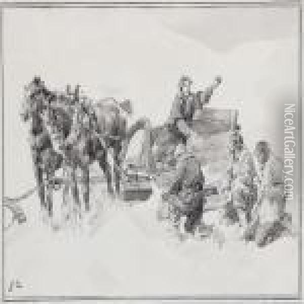 Scene With Persons By A Horse-drawn Sleigh Oil Painting - Erik Henningsen