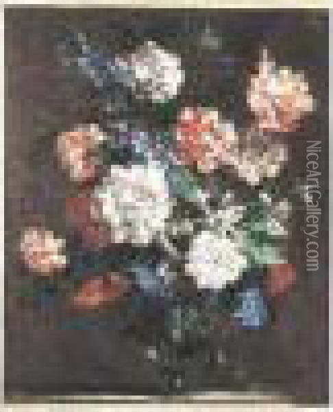 Bouquet De Fleurs Dans Un Vase En Verre Sur Un Entablement. Toile Oil Painting - Jean-Baptiste Monnoyer