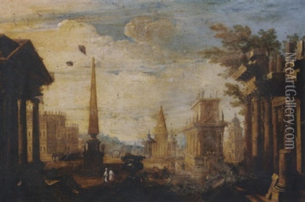 A Capriccio Of Classical Ruins And Renaissance Buildings With Cattle Gathering Around An Obelisk Oil Painting - Viviano Codazzi
