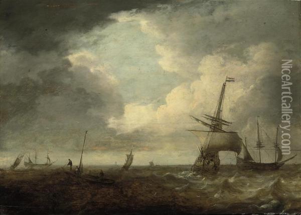 Dutch Men-o'-war And Other Shipping In Choppy Waters Off Acoast Oil Painting - Jan Theunisz. Blankerhoff