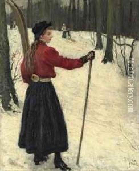 Skiers In A Snowy Wood Oil Painting - Paul-Gustave Fischer
