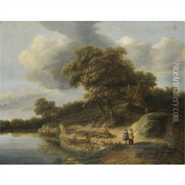 A River Landscape With Figures In Rowing Boats And An Elegant Couple On The River Bank Oil Painting - Lambert Hendriksz van der Straaten