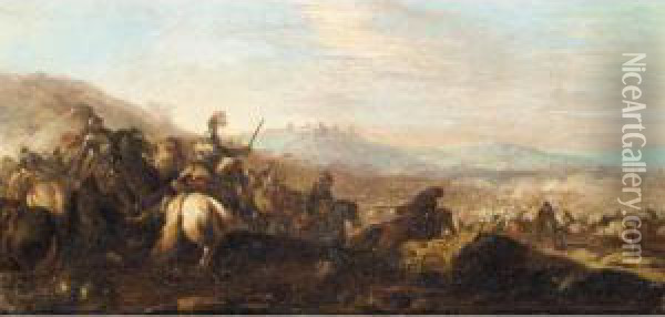 Cavalry Battle With A Town In The Distance To The Right Oil Painting - Pandolfo Reschi