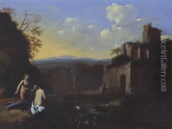 Landschaft Mit Diana Und Ihren Nymphen Vor Einer Ruine Oil Painting - Gerrit van Bronckhorst