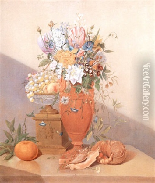 Blumenstilleben Mit Muscheln Und Einer Orange Oil Painting - Anthony Oberman