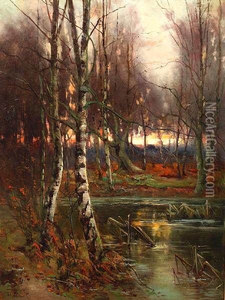 A Woodland Pool At Sunset Oil Painting - George Dunkerton Hiscox