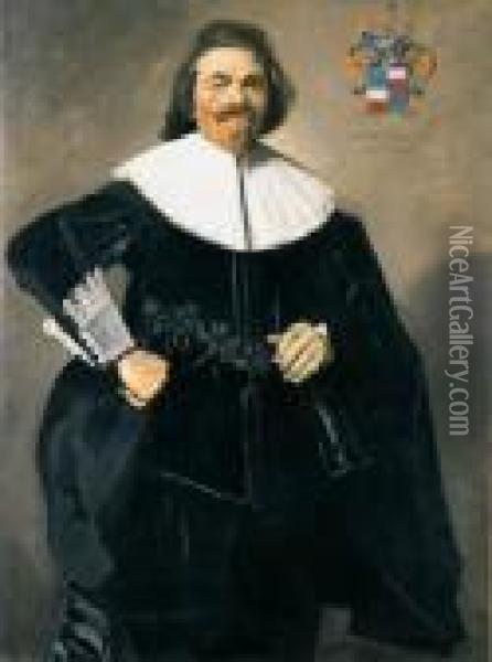Portrait Of Tieleman Roosterman,
 Three-quarter-length, In A Blackdoublet And Breeches, With A White Ruff
 And Cuffs, His Hat In Hisright Hand Oil Painting - Frans Hals