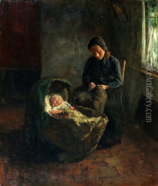 Moeder En Baby Oil Painting - Jacob Simon Hendrik Kever