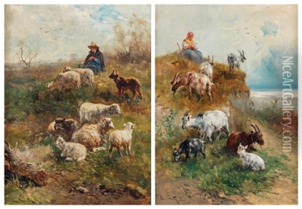Berger Et Son Troupeau Et Bergere Et Son Troupeau (pair) Oil Painting - Henry Schouten