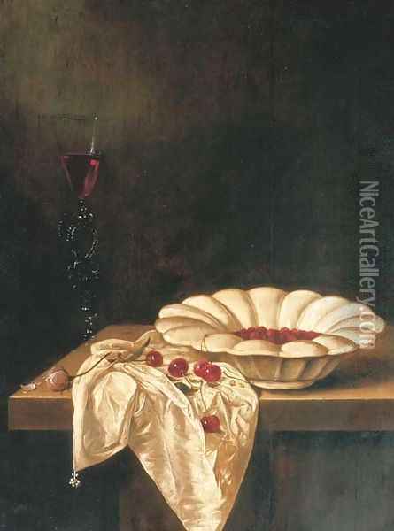 Wild strawberries in a glazed earthenware bowl with a facon de Venise of red wine, a pink rose and cherries on a partially draped wooden ledge Oil Painting - Jan Jansz. Van De Velde