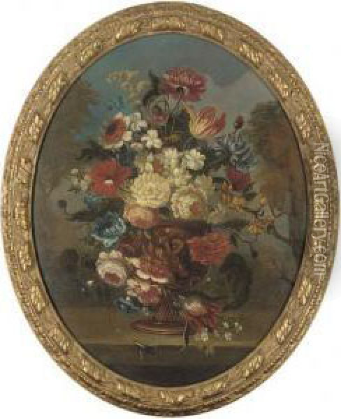 Ro Ses, Parrot Tulips, 
Chrysanthemums And Other Flowers In Asculpted Urn On A Ledge; And Parrot
 Tulips, Roses, Poppies,hydrangeas And Other Flowers In A Sculpted Urn 
On A Ledge Oil Painting - Gaspar-pieter The Younger Verbruggen