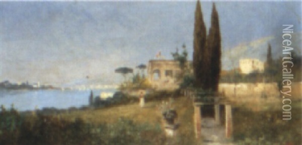 A View Over An Italian Lake Oil Painting - Georg Fischhof