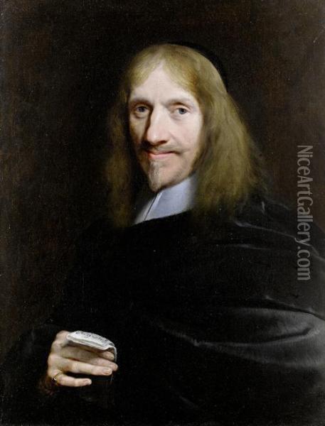 Portrait Of A Gentleman, Half-length, Inclerical Robes, Holding A Letter Oil Painting - Adriaen Hanneman
