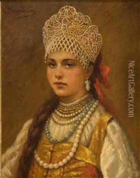 Portrait D'une Jeune Fille En Tenue Traditionnelle Oil Painting - Konstantin Egorovich Makovsky