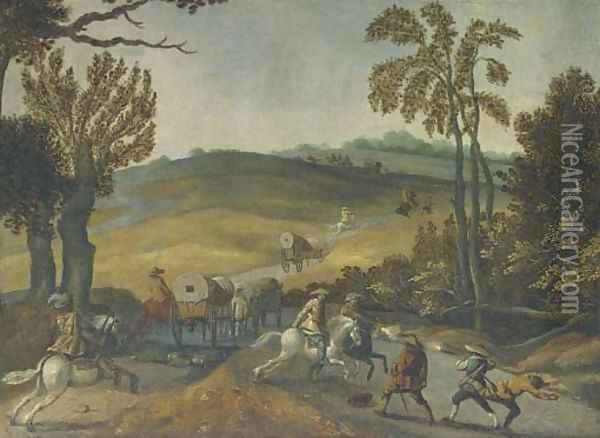 A wooded landscape with bandits ambushing travellers Oil Painting - Sebastian Vrancx