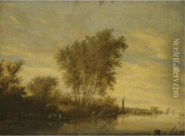 River Landscape With Fishermen Setting Out Their Nets, A Ferry Beyond Oil Painting - Salomon van Ruysdael