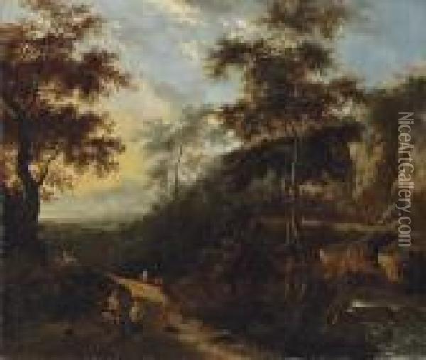 An Extensive Italianate Landscape With Travellers On A Woodedtrack Oil Painting - Frederick De Moucheron