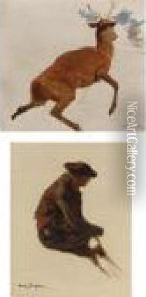 Studies: Stag And A Man (two Works) Oil Painting - Rosa Bonheur