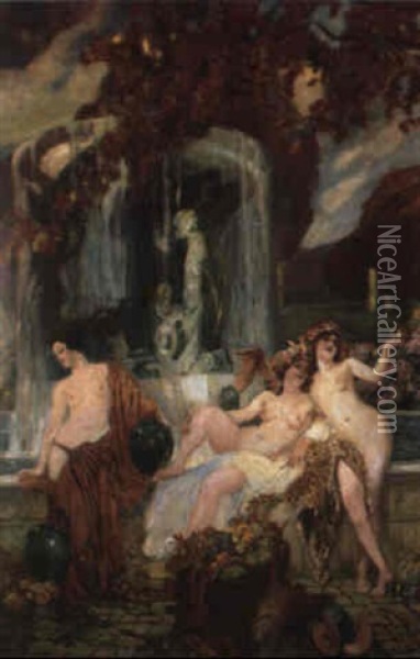 Jeunes Femmes A La Vasque, Allegorie De L'automne Oil Painting - Paul Jean Gervais