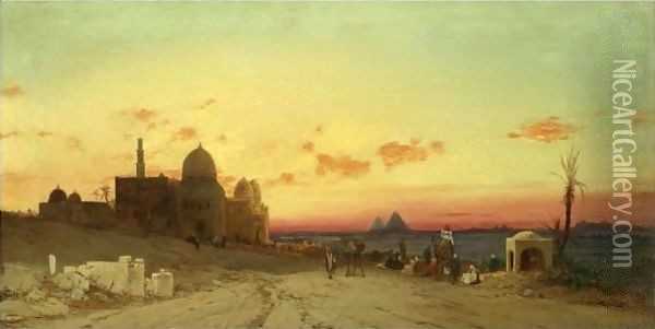 A View Of The Tomb Of The Caliphs With The Pyramids Of Giza Beyond, Cairo Oil Painting - Hermann David Solomon Corrodi