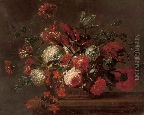 Roses, carnations, tulips, morning glory and other flowers in a basket on a ledge Oil Painting - Jean-Baptiste Monnoyer