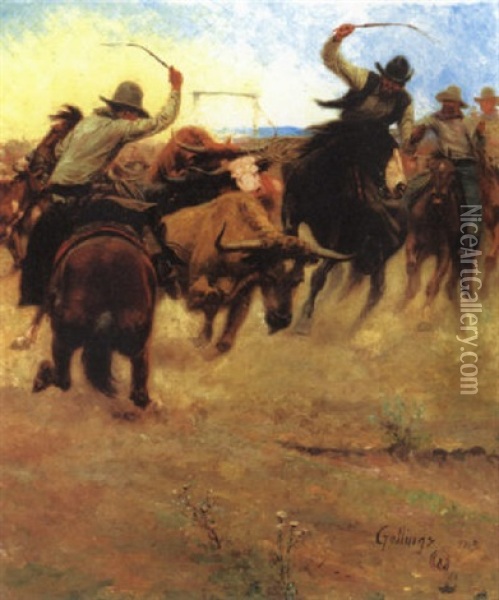 Wyoming Cowboys (the Breakaway) Oil Painting - Elling William Gollings