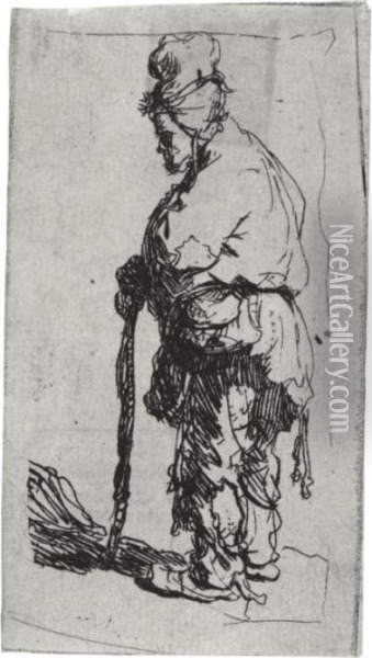 Beggar Leaning On A Stick, Facing Left (b., Holl. 163; H. 9; Bb. 30-2) Oil Painting - Rembrandt Van Rijn