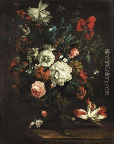 Still Life Of Roses, Peonies, 
Morning Glory And Other Flowers In A Sculpted Urn On A Stone Ledge Oil Painting - Justus van Huysum