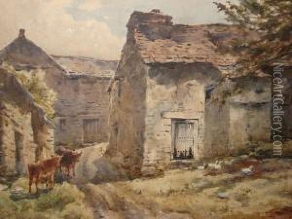 Cattle And Ducks In A Farmyard Scene Oil Painting - Edward Tucker