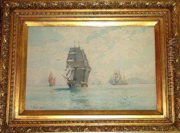 Shipping In A Pearly Sea Oil Painting - J.G. Stuart