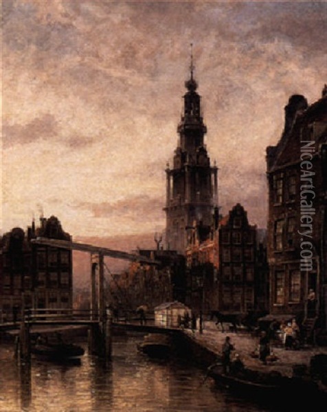 The Zuider Church Canal Scene, Amsterdam Oil Painting - Cornelis Christiaan Dommelshuizen