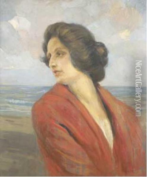 Ritratto Di Giovane Donna Con Camicetta Rossa Oil Painting - Ettore Tito